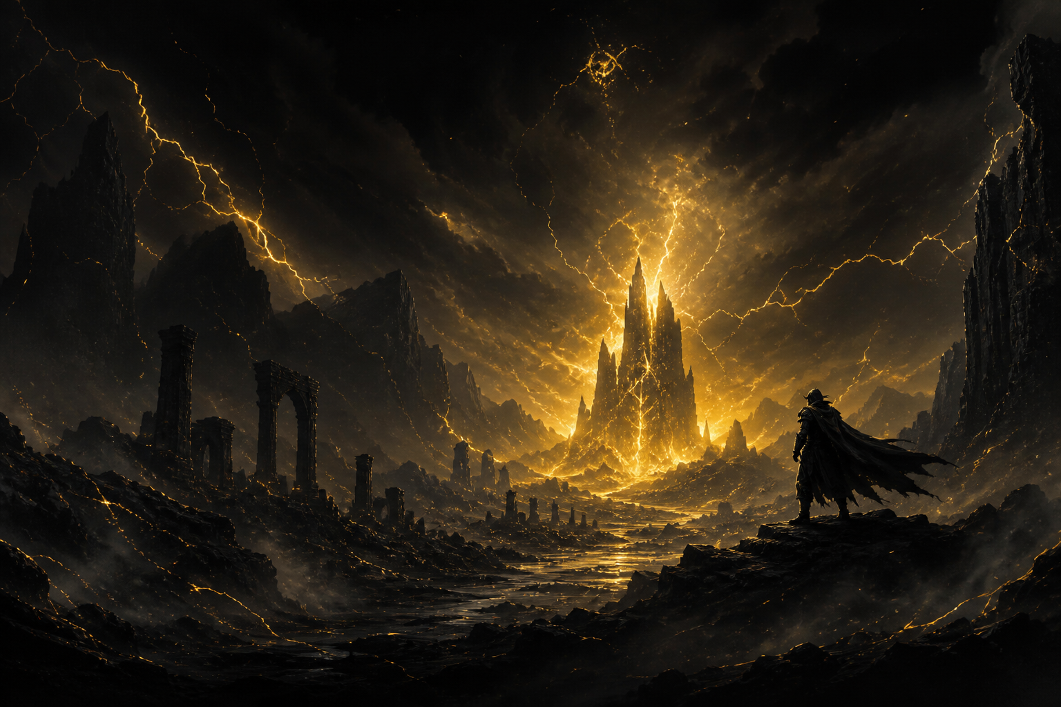 Dramatic game-world scene with cinematic lighting