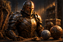 Armored knight at a worktable with sculpted spheres