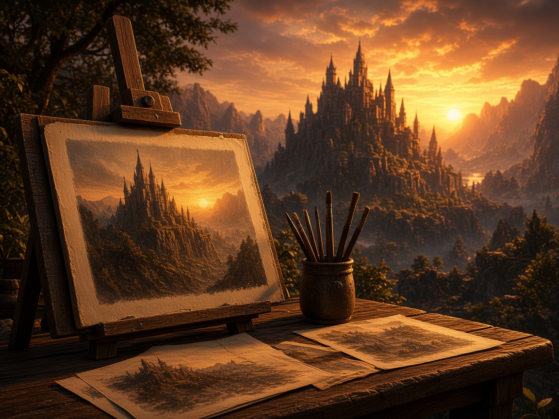 Easel and castle concept painting at sunset