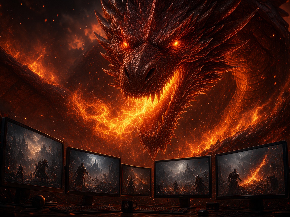 Dragon above screens of game marketing art