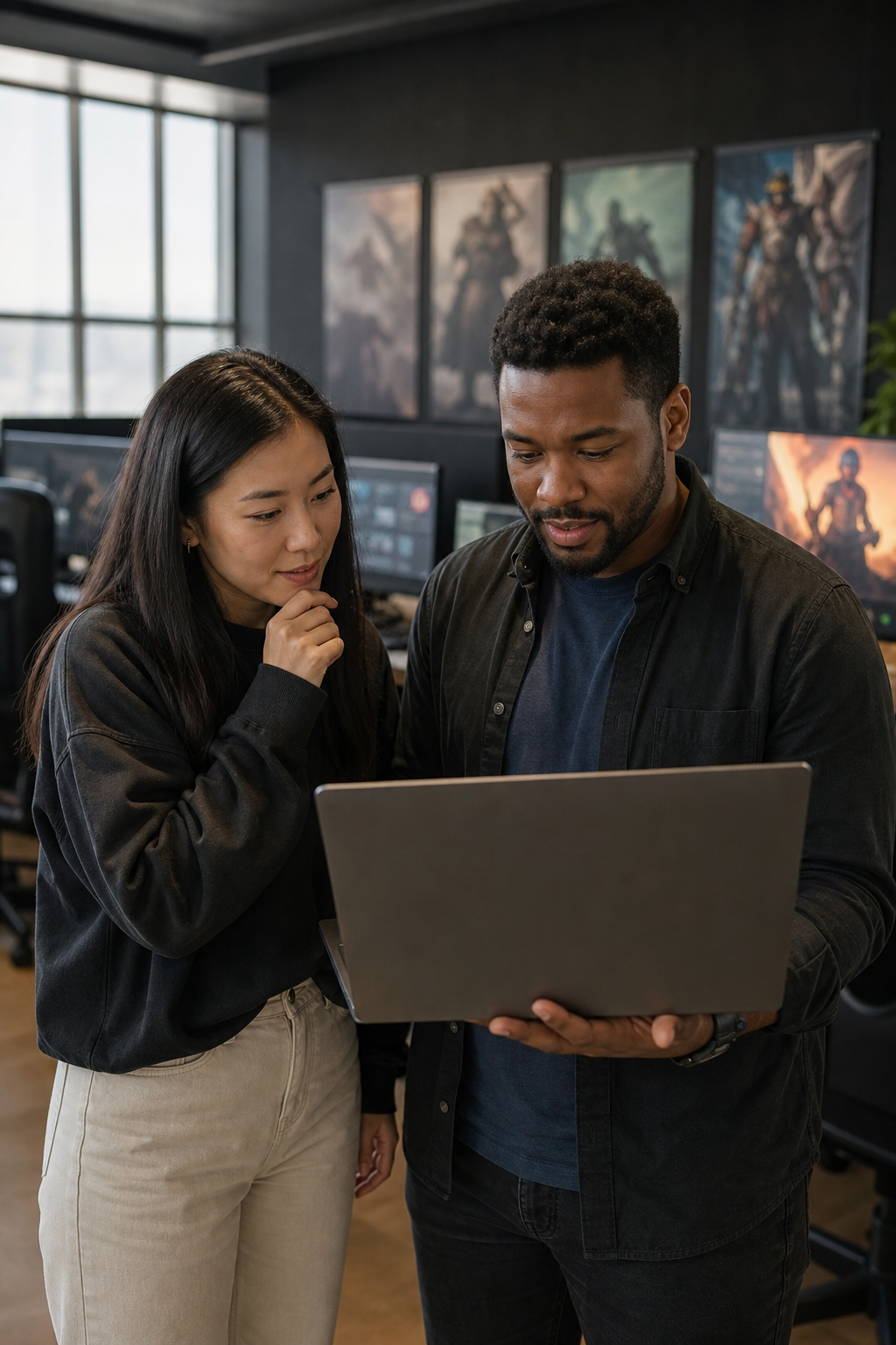 Team members sharing ideas in the studio