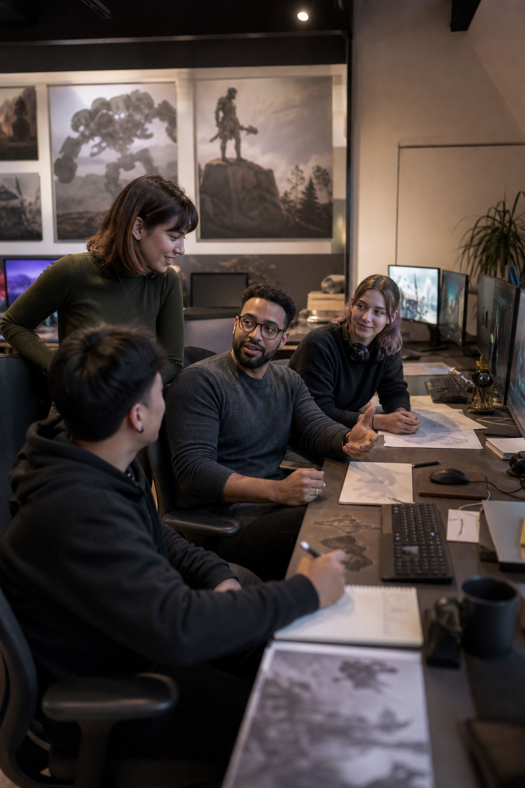 Team meeting around a studio desk